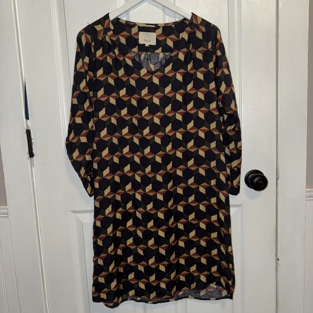 DIEGA Women’s Geometrical Print Morroco Dress‎ Long Sleeve Size M Brown